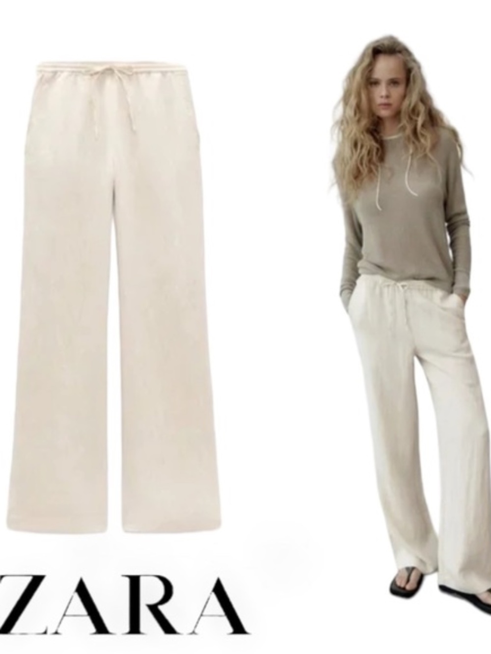 ZARA | Ecru | STRAIGHT LEG DRAWSTRING PANTS
